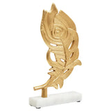 Evra Gold Peacock Feather Sculpture On White Marble Base