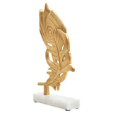 Evra Gold Peacock Feather Sculpture On White Marble Base